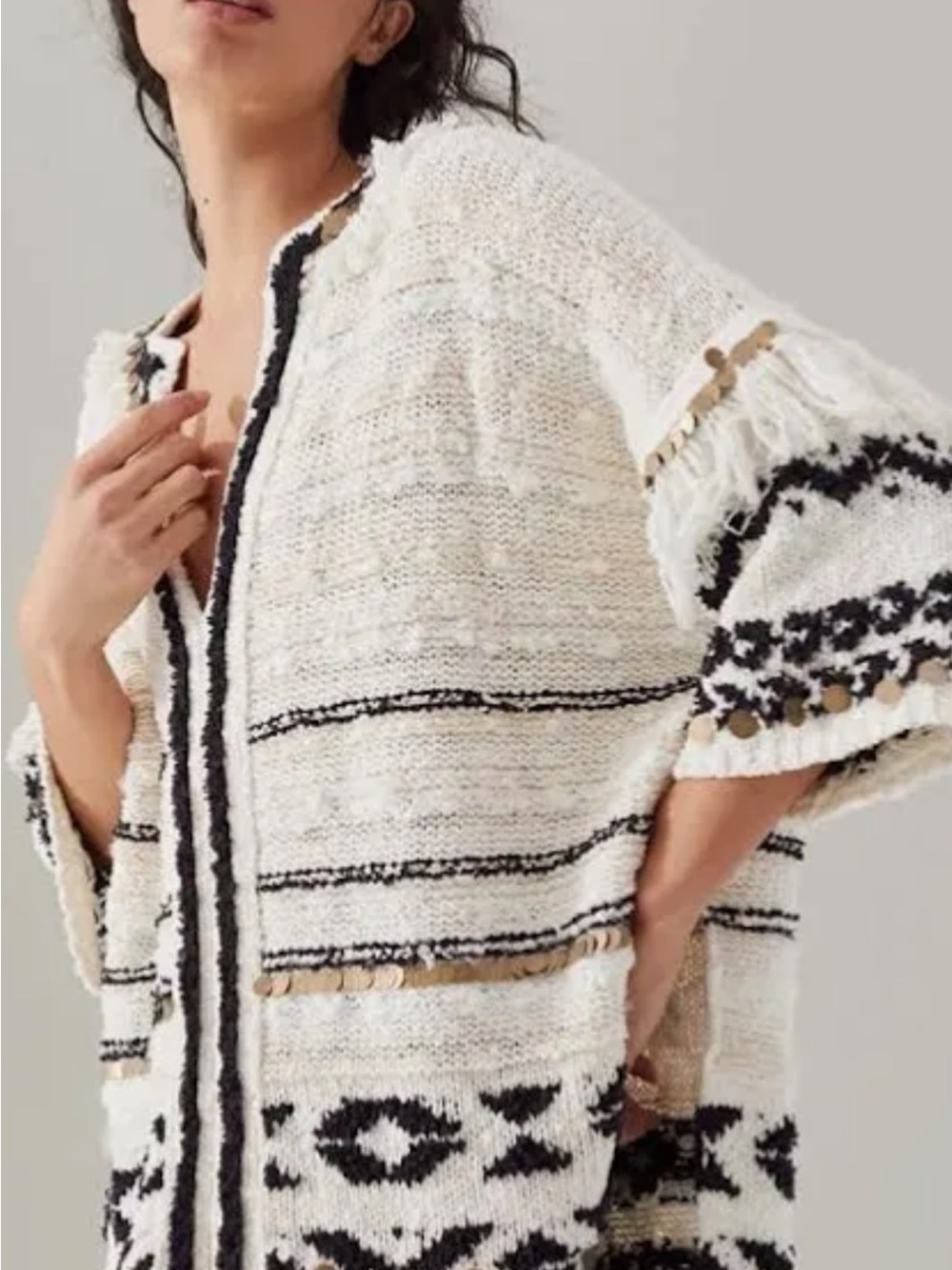Anthropologie Ivory and Navy Fringe-Trim poncho M/L